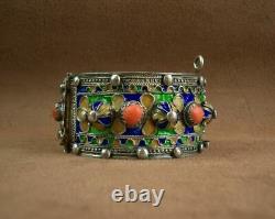 Beautiful Bracelet Cuff Ancient Berbere Kabyle In Silver Email And Coral