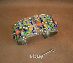 Beautiful Bracelet Cuff Ancient Berbere Kabyle In Silver Email And Coral