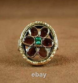 Beautiful Important Ring Ancient Tank In Silver Vermeil, Grenat - Turquoise