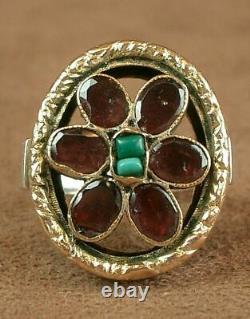 Beautiful Important Ring Ancient Tank In Silver Vermeil, Grenat - Turquoise