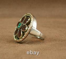 Beautiful Important Ring Ancient Tank In Silver Vermeil, Grenat - Turquoise