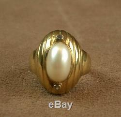 Beautiful Large Ring Old Tank In Vermeil Gold / Silver-studded Pearl & Stones