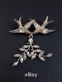 Beautiful Old Brooch In Sterling Silver And Rhinestone Birds 1900