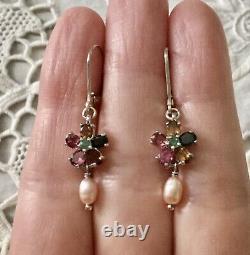 Beautiful Old Earrings Doreilles Tourmaline, Emerald, Pearl Sterling Silver