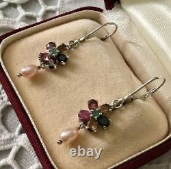 Beautiful Old Earrings Doreilles Tourmaline, Emerald, Pearl Sterling Silver