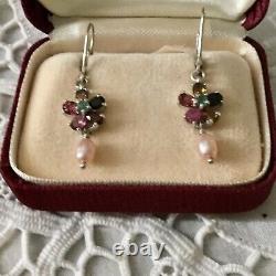 Beautiful Old Earrings Doreilles Tourmaline, Emerald, Pearl Sterling Silver