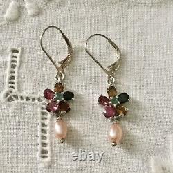 Beautiful Old Earrings Doreilles Tourmaline, Emerald, Pearl Sterling Silver