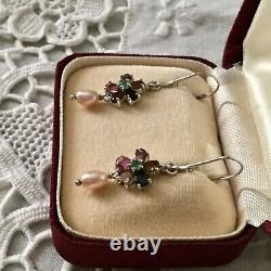 Beautiful Old Earrings Doreilles Tourmaline, Emerald, Pearl Sterling Silver