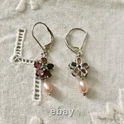 Beautiful Old Earrings Doreilles Tourmaline, Emerald, Pearl Sterling Silver