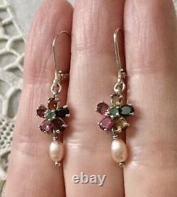 Beautiful Old Earrings Doreilles Tourmaline, Emerald, Pearl Sterling Silver