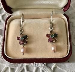 Beautiful Old Earrings Doreilles Tourmaline, Emerald, Pearl Sterling Silver