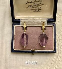 Beautiful Vintage Silver Gold Amethyst Fine Pearl Earrings