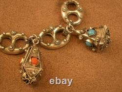 Beautiful antique solid silver charm bracelet, coffee-bean link chain