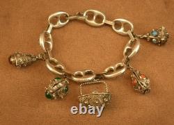 Beautiful antique solid silver charm bracelet, coffee-bean link chain