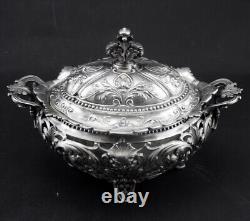 Beautiful antique solid silver sugar basin with handles Minerva hallmark 19th century period