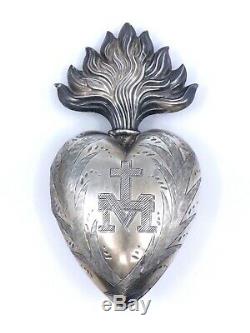 Big Heart Of Mary Massive Old Silver Reliquary Ex Voto XIX