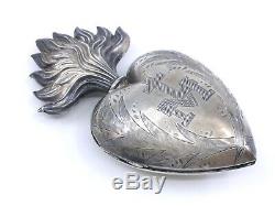 Big Heart Of Mary Massive Old Silver Reliquary Ex Voto XIX