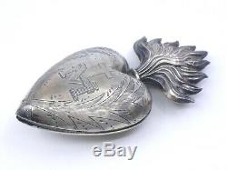 Big Heart Of Mary Massive Old Silver Reliquary Ex Voto XIX