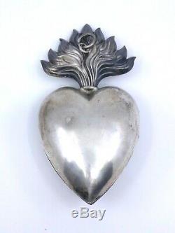 Big Heart Of Mary Massive Old Silver Reliquary Ex Voto XIX