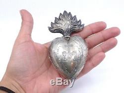 Big Heart Of Mary Massive Old Silver Reliquary Ex Voto XIX