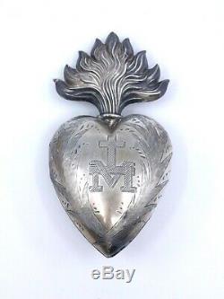 Big Heart Of Mary Massive Old Silver Reliquary Ex Voto XIX