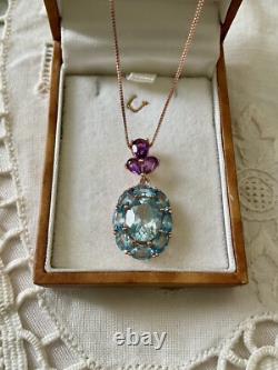 Blue Topaz, Amethyst, Gold and Antique Silver Pendant Chain Necklace