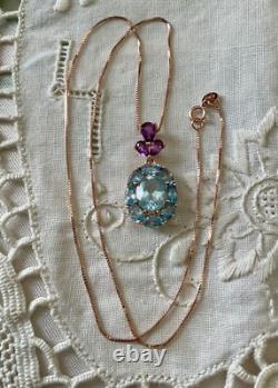 Blue Topaz, Amethyst, Gold and Antique Silver Pendant Chain Necklace