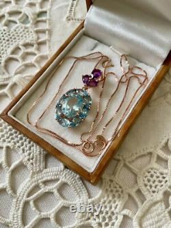 Blue Topaz, Amethyst, Gold and Antique Silver Pendant Chain Necklace