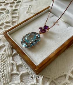 Blue Topaz, Amethyst, Gold and Antique Silver Pendant Chain Necklace