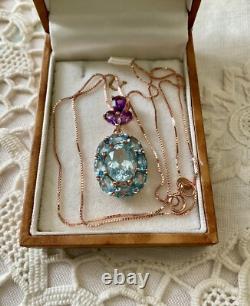 Blue Topaz, Amethyst, Gold and Antique Silver Pendant Chain Necklace