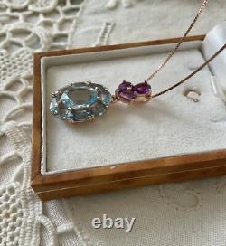 Blue Topaz, Amethyst, Gold and Antique Silver Pendant Chain Necklace