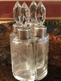 Box 4 Scent Bottles Perfume Crystal And Sterling Silver / Old Silverware