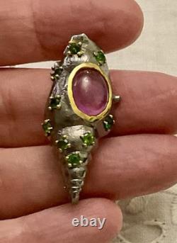 Cabochon Rubies Peridot in Gold, Silver, Antique Brooch, Creator