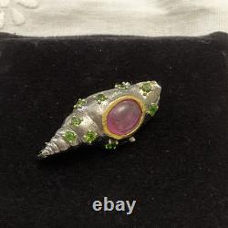 Cabochon Rubies Peridot in Gold, Silver, Antique Brooch, Creator