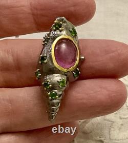 Cabochon Rubies Peridot in Gold, Silver, Antique Brooch, Creator