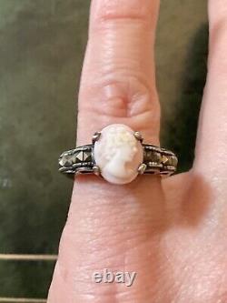 Cameo Coral Rose, Marcasites, Solid Silver, Very Beautiful Antique Ring