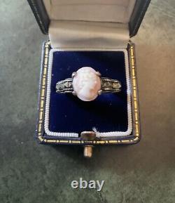Cameo Coral Rose, Marcasites, Solid Silver, Very Beautiful Antique Ring