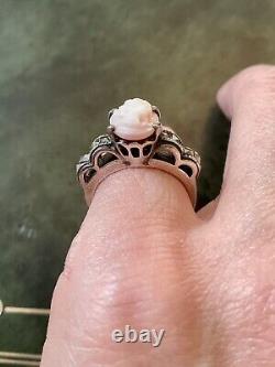 Cameo Coral Rose, Marcasites, Solid Silver, Very Beautiful Antique Ring