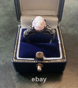 Cameo Coral Rose, Marcasites, Solid Silver, Very Beautiful Antique Ring