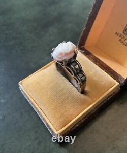 Cameo Coral Rose, Marcasites, Solid Silver, Very Beautiful Antique Ring