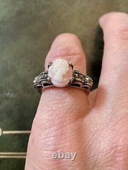 Cameo Coral Rose, Marcasites, Solid Silver, Very Beautiful Antique Ring
