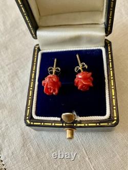 Carved Coral Flower, Vermeil, Solid Silver, Vintage Earrings
