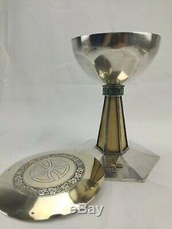 Chalice Paten Old Solid Silver Gilt Art Deco Cabochon Malachite And Bones