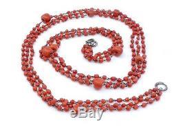 Collier Old Coral Beads 3 Rows Of Red Mounted On Massive Money XIX