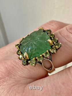 Creator Engraved Jade & Ancient Peridot Vermeil Gold Silver Ring Solid T56
