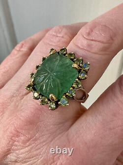Creator Engraved Jade & Ancient Peridot Vermeil Gold Silver Ring Solid T56