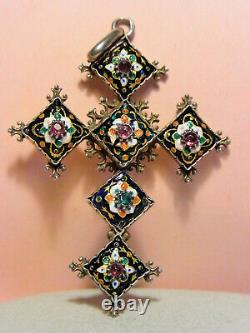 Croix Ancienne Xixème Emaux Bressans Fleur De Lys Mount In Argent