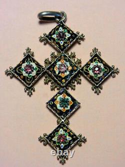 Croix Ancienne Xixème Emaux Bressans Fleur De Lys Mount In Argent