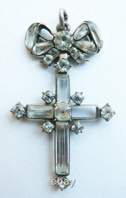 Cross Pendant In Solid Silver + Rhinestone Old Jewellery 19th Century Silver Cross