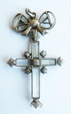 Cross Pendant In Solid Silver + Rhinestone Old Jewellery 19th Century Silver Cross
